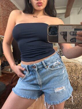 Garage Denim Mom Shorts 25 Y2K High Rise Distressed